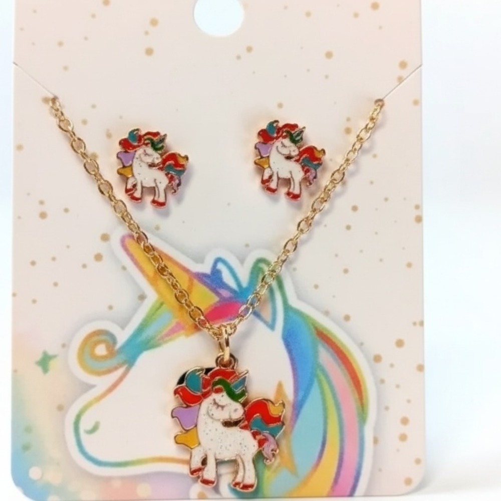 Unicorn Rainbow Jewelry Set Necklace Earrings Kids Girls Horse Gold Sparkle